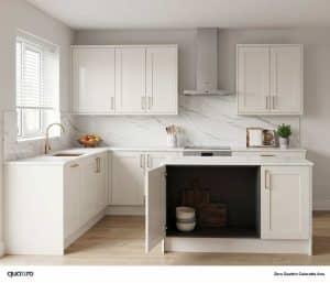 Modern kitchen with white cabinets, Calacatta marble-patterned backsplash, built-in stove, open lower cabinet, sink by the window, and a countertop adorned with fruit and decor items.