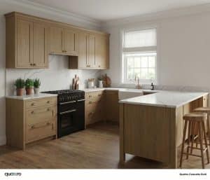 Modern kitchen with light wood cabinets, Calacatta Gold marble countertops, a black stove, farmhouse sink, potted plants, and two wooden stools at a peninsula.