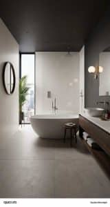 Modern bathroom with a freestanding bathtub, wall-mounted sink, large window with city view, round mirror, indoor plant, and minimalistic decor.