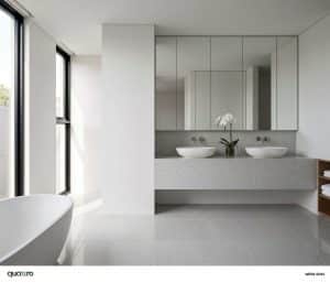 Minimalist bathroom with large windows, a freestanding bathtub, double sinks, mirrored cabinets, and a white orchid on the countertop.