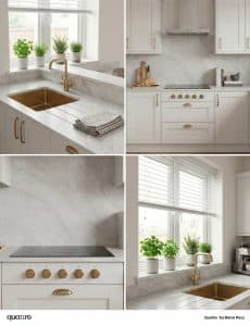 Modern kitchen with white cabinets, Taj Mahal marble countertops, gold fixtures, electric cooktop, and potted green plants by the window.
